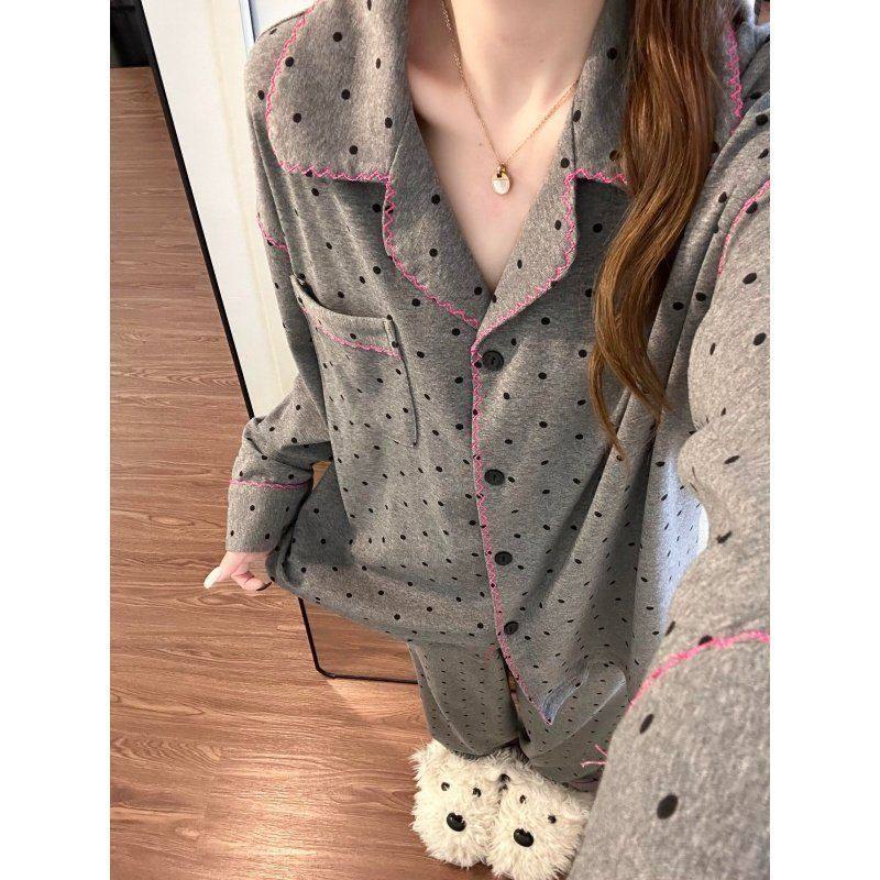 ins波点印花开衫德绒睡衣女款秋季新款柔软舒适家居服套装可外穿,女士内衣/男士内衣/家居服,睡衣/家居服套装,淘宝优惠券,粉丝福利购,淘宝优惠卷