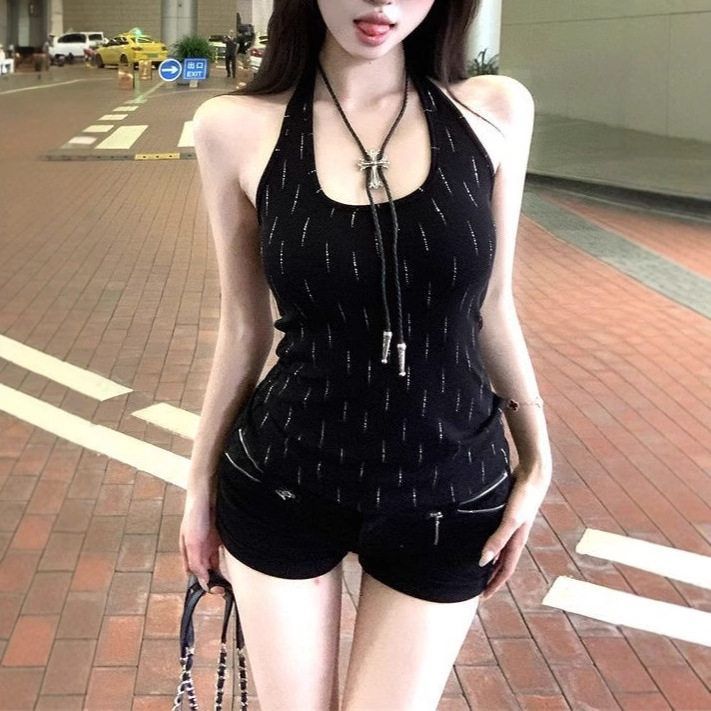 黑色工字挂脖吊带背心女夏外穿2025新款修身显瘦内搭无袖打底上衣