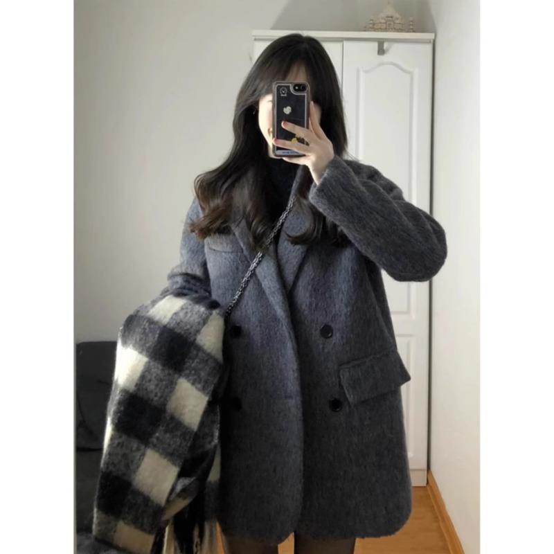 灰色短款呢子大衣赫本风毛呢厚外套女冬新款韩系气质开衫外搭上衣