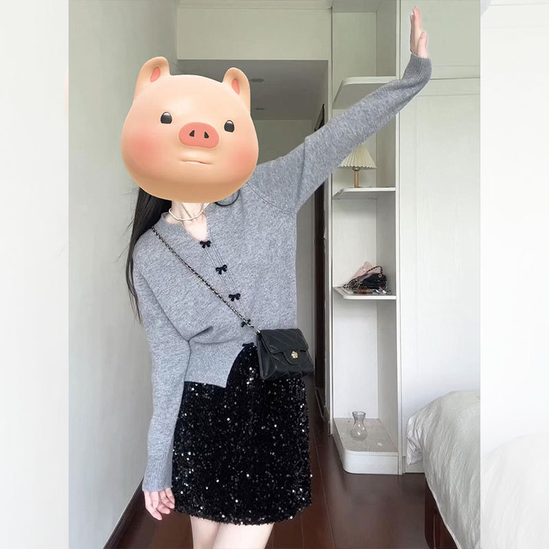 网红 法式复古蝴蝶结灰色V领长袖针织衫女早秋设计感小众开叉毛衣
