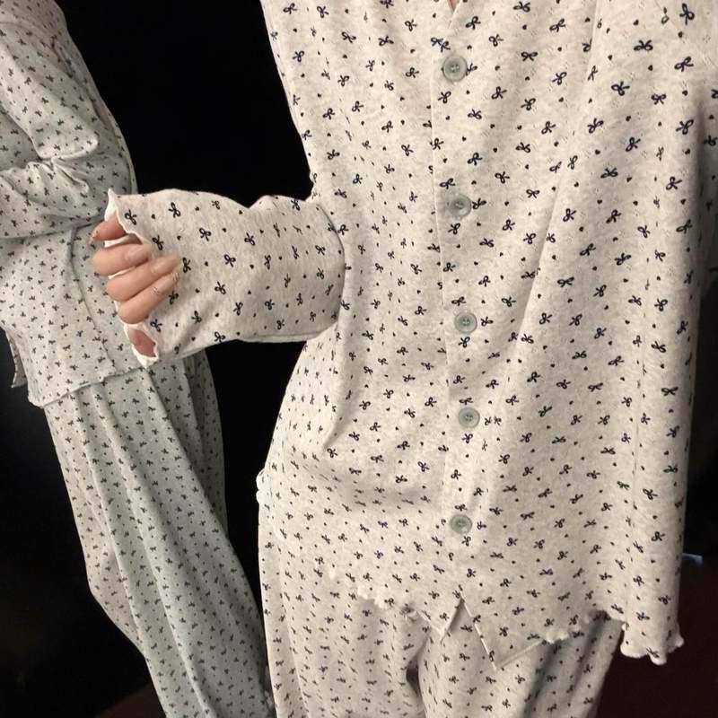 法式甜美蝴蝶结印花睡衣女2026春秋季新款大码柔软舒适家居服套装,女士内衣/男士内衣/家居服,睡衣/家居服套装,淘宝优惠券,粉丝福利购,淘宝优惠卷