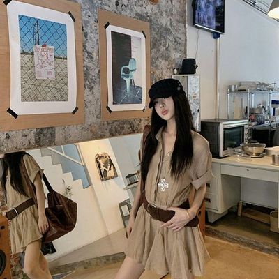 卡其色短袖衬衫连衣裙女夏季翻领收腰显瘦裙子慵懒风气质a字短裙