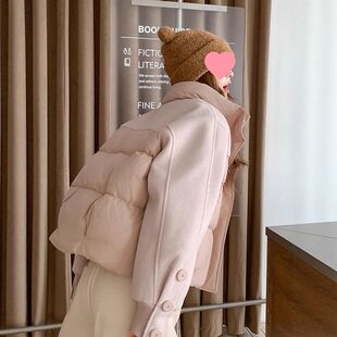 巨好看粉色毛呢拼接龟背羽绒服女冬季短款设计感小众90白鸭绒外套