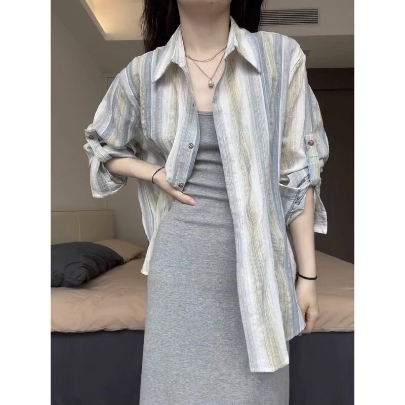 网红叠穿防晒衬衫搭配吊带连衣裙两件套装女夏季2024新款条纹衬衫