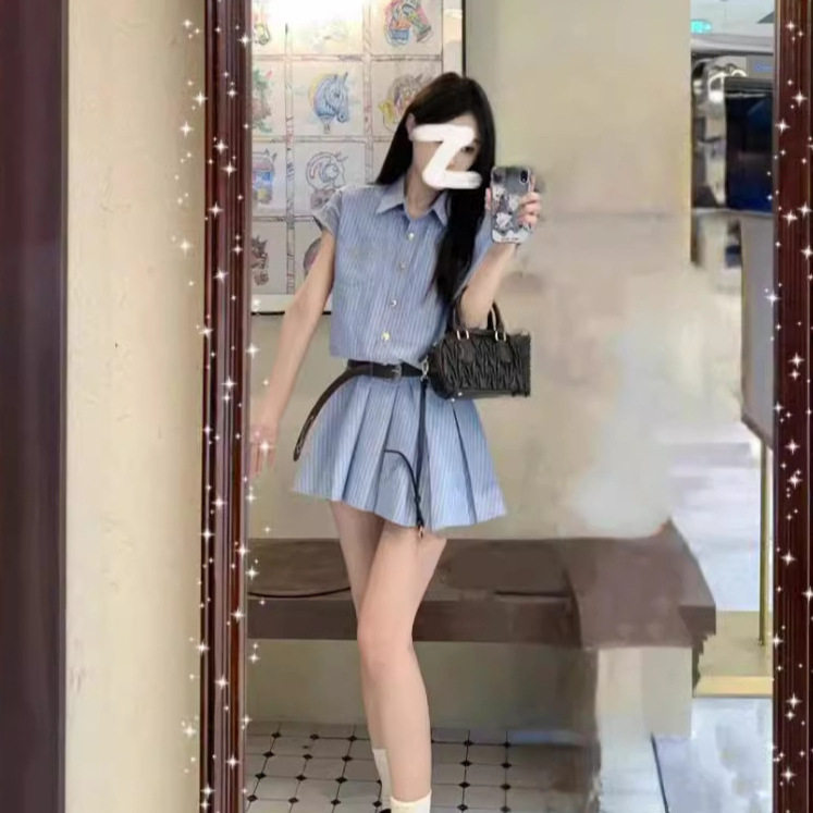 学院风条纹衬衫连衣裙短袖女2025夏季新款设计感短裙收腰显瘦裙子