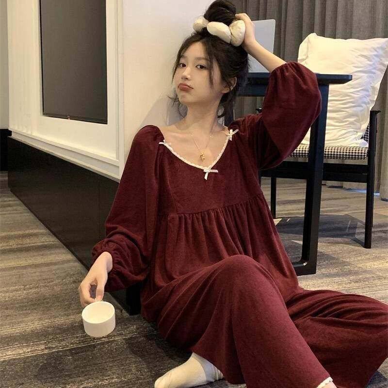 法式宫廷风酒红色睡衣女春秋季新款蝴蝶结大码长袖长裤家居服套装,女士内衣/男士内衣/家居服,睡衣/家居服套装,淘宝优惠券,粉丝福利购,淘宝优惠卷