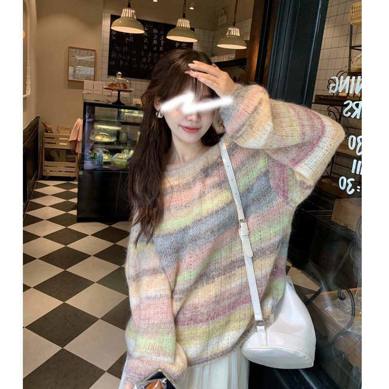 圆领马海毛软糯糯条纹针织衫女秋季宽松慵懒风外穿艺术生毛衣chic