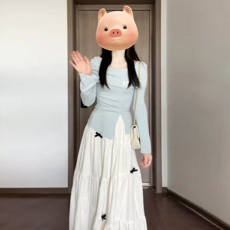 蝴蝶结蓝色上衣搭配白色半身裙套装女2024新款早秋季气质穿搭长裙