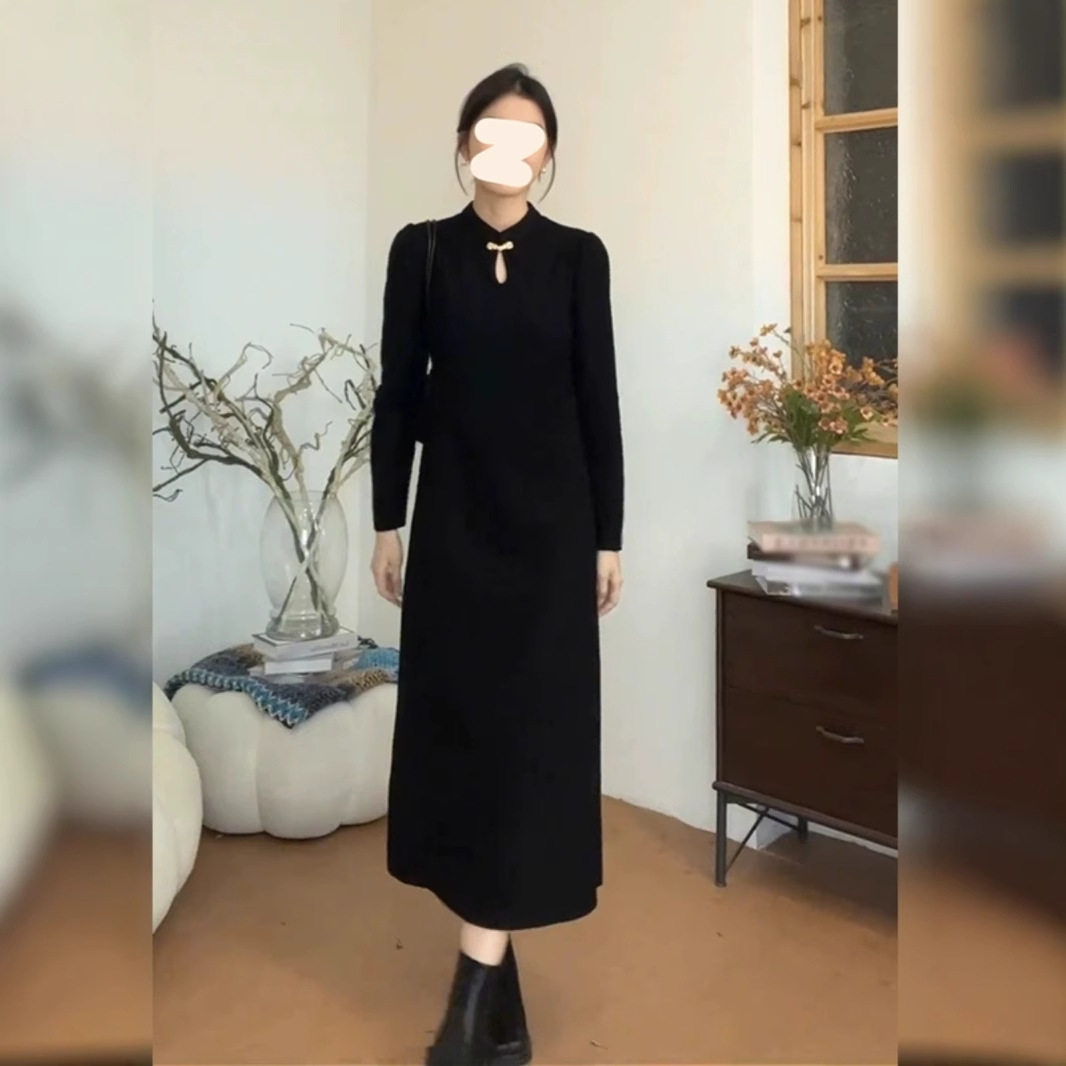秋冬复古国风旗袍大码新中式加厚收腰盘扣长袖连衣裙胖MM显瘦长裙