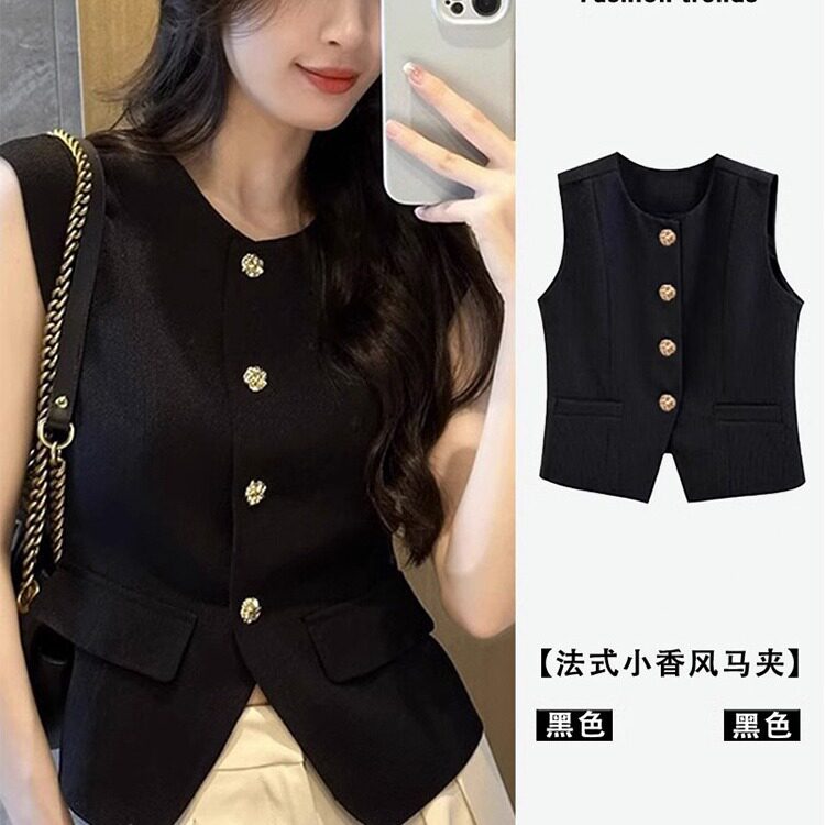 小香风法式无袖衬衫女夏季新款修身黑色马甲背心设计感小众上衣女
