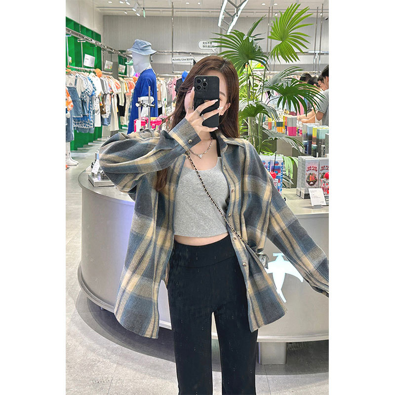春秋磨毛格子衬衫外套女款2023新款秋冬季加厚宽松设计感秋装上衣