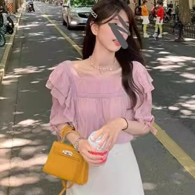 网红 减龄穿搭白色短袖衬衫女夏季炸街甜美纯欲风荷叶边别致衬衣