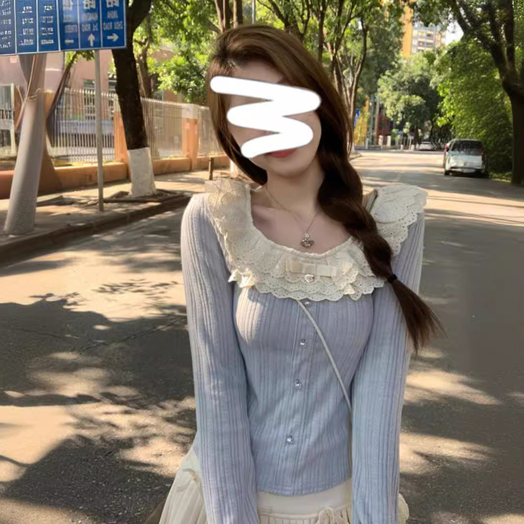 蓝色蕾丝花边领针织衫女早春款穿搭小香风甜辣修身内搭打底衫上衣