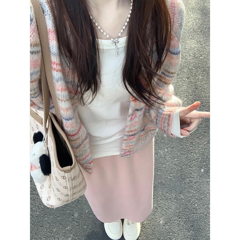 扎染彩色条纹奶fufu慵懒毛衣外套女春秋2023新款网红短款针织开衫
