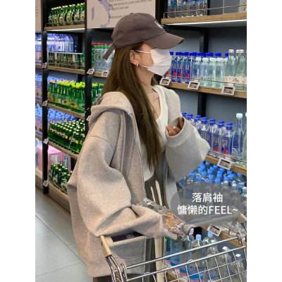 2025春秋季连帽灰色开衫拉链宽松卫衣外套oversize休闲上衣女
