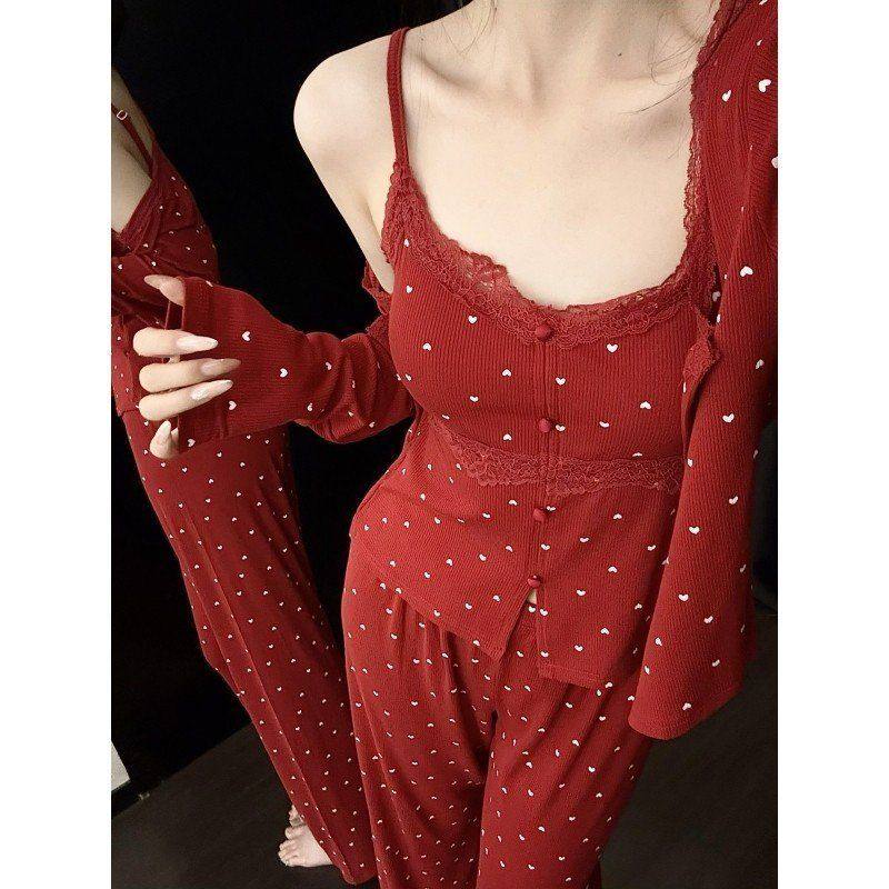 甜美纯欲风红色蕾丝吊带睡衣三件套装女春秋季新款爱心家居服套装,女士内衣/男士内衣/家居服,睡衣/家居服套装,淘宝优惠券,粉丝福利购,淘宝优惠卷