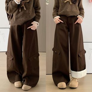 复古加绒弯刀工装裤女秋款高腰显瘦阔腿裤垂感宽松显瘦休闲直筒裤
