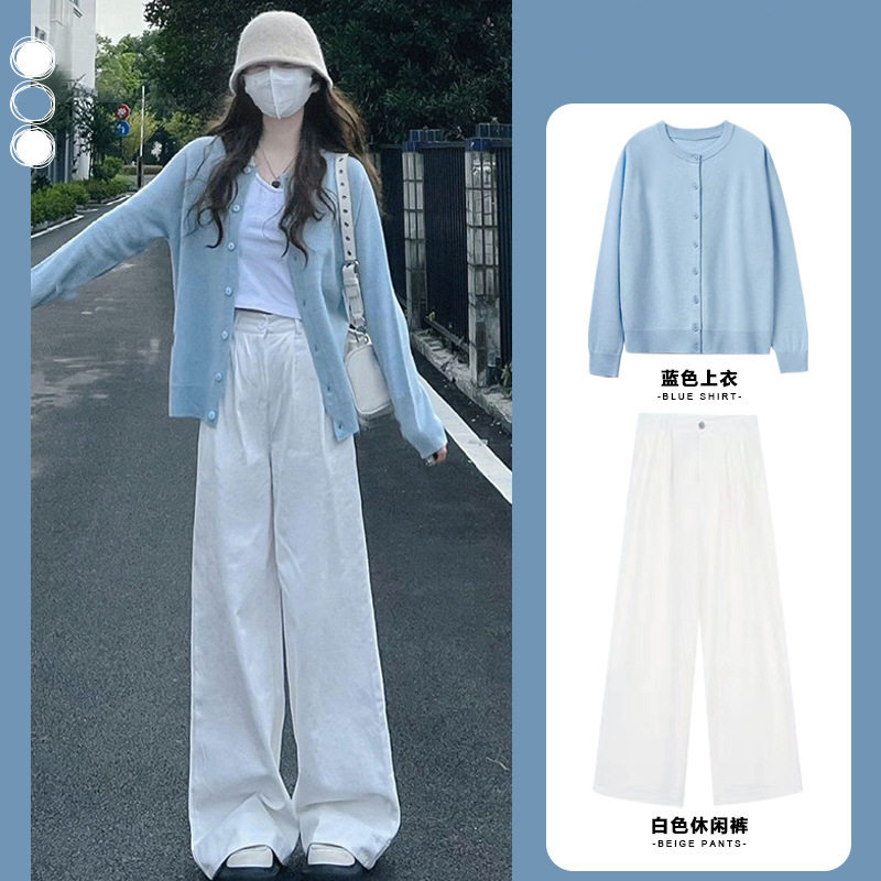 秋季女装2026穿搭一整套微胖减龄长袖针织+长裤韩剧两件套装