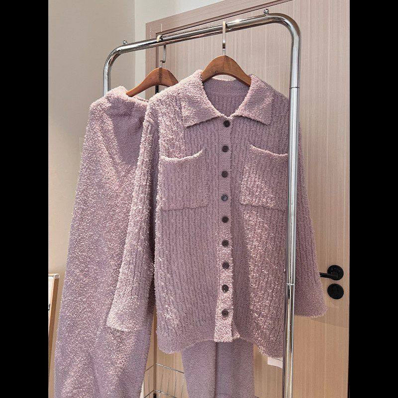 高级感简约翻领针织半边绒睡衣女冬季新款加厚保暖休闲家居服套装,女士内衣/男士内衣/家居服,睡衣/家居服套装,淘宝优惠券,粉丝福利购,淘宝优惠卷