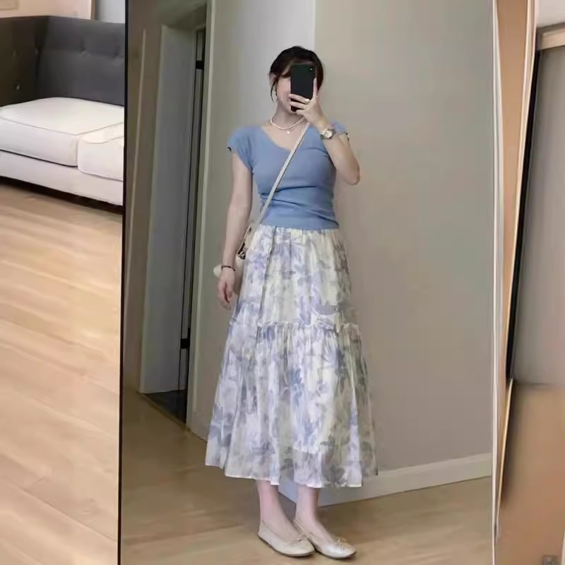 夏装搭配一整套盐系轻熟小个子时尚减龄蓝色上衣半身裙两件套装女
