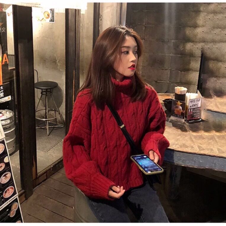 新年穿搭秋冬2023新款红色高领加厚内搭打底衫麻花龙年毛衣女冬季