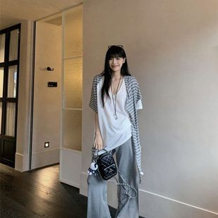 條紋披肩短袖 休閑慵懶風套裝 女夏季 2025新款 子三件套ins T恤微喇褲