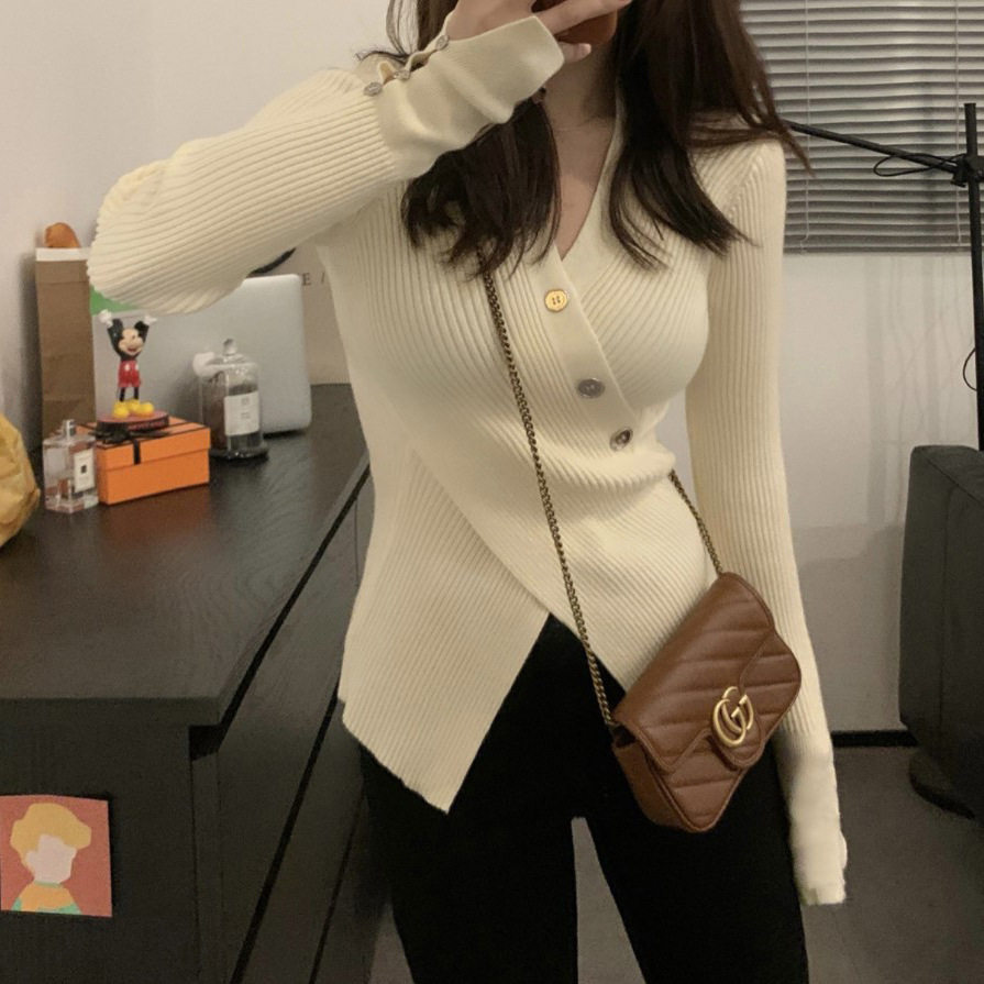 纯欲又显瘦 温柔风V领毛衣交叉A4腰修身开叉套头针织长袖内搭上衣