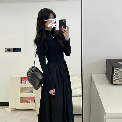 内搭连衣裙秋冬2023新款黑色针织拼接打底裙法式高级感气质长裙女