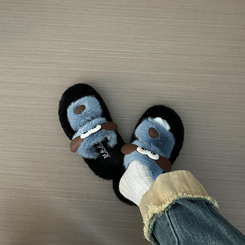 可爱小狗厚底毛毛拖鞋女外穿家居秋冬季毛绒棉拖鞋一字拖高级感