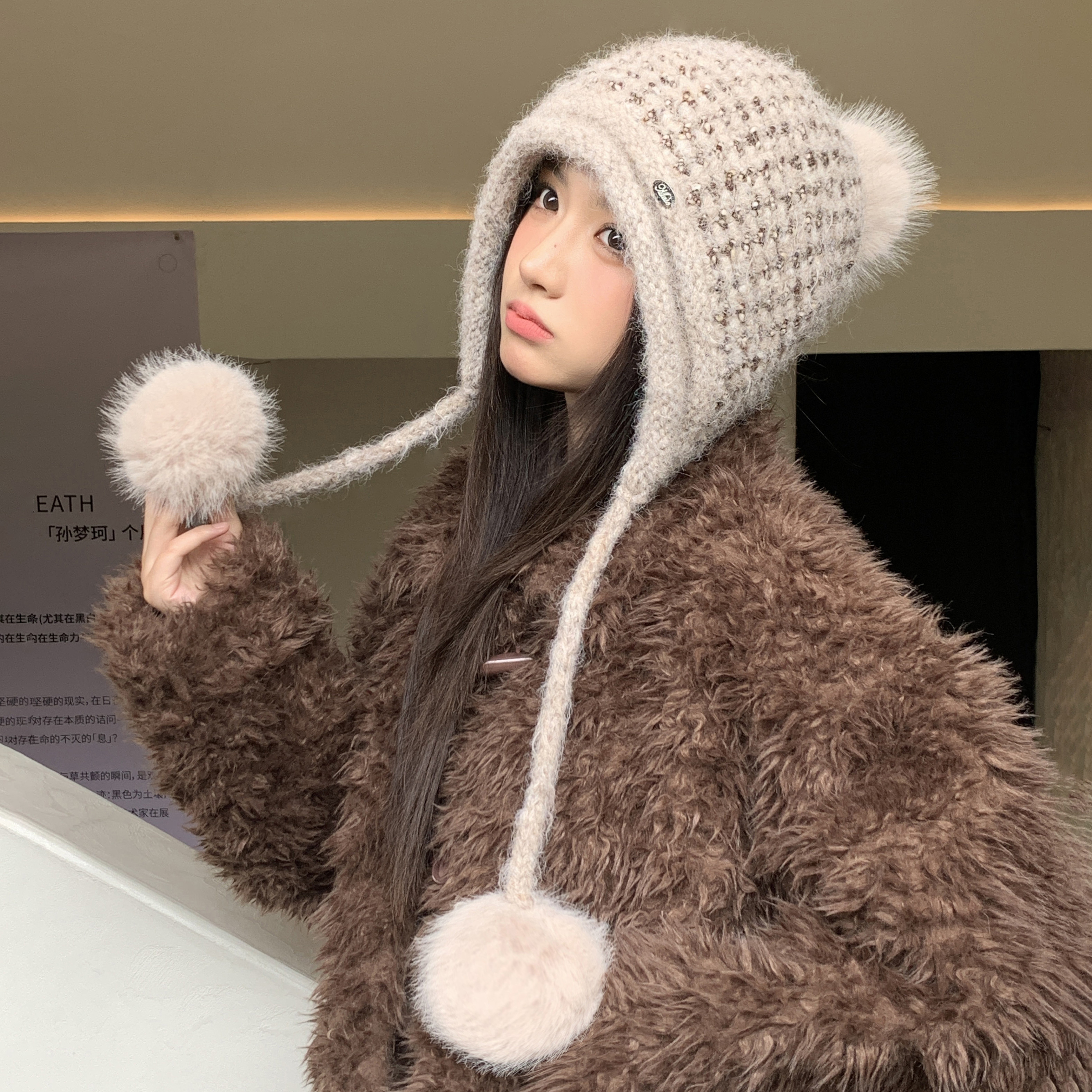 日系针织流苏针织毛线帽子女新款冬季加厚保暖防风百搭护耳套头帽