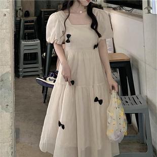 温柔风白色蝴蝶结裙子法式 2023夏季 初恋甜美收腰显瘦方领连衣裙女