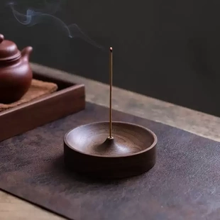 香薰简单熏香盒香道居家好物 黑胡桃木香盘圆底座线香香熏茶桌立式