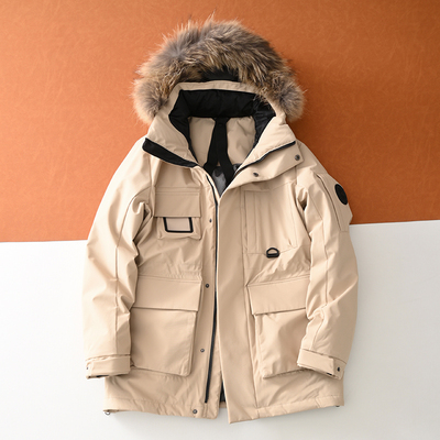 可脱卸毛领连帽中长款羽绒服外套