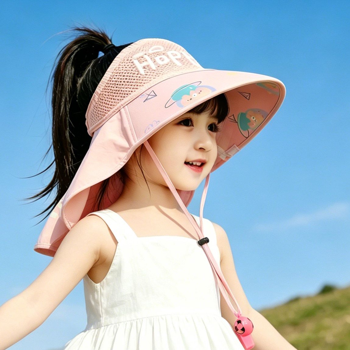 儿童防晒帽男女童夏季学生遮阳帽女孩可扎马尾透气户外空顶太阳帽