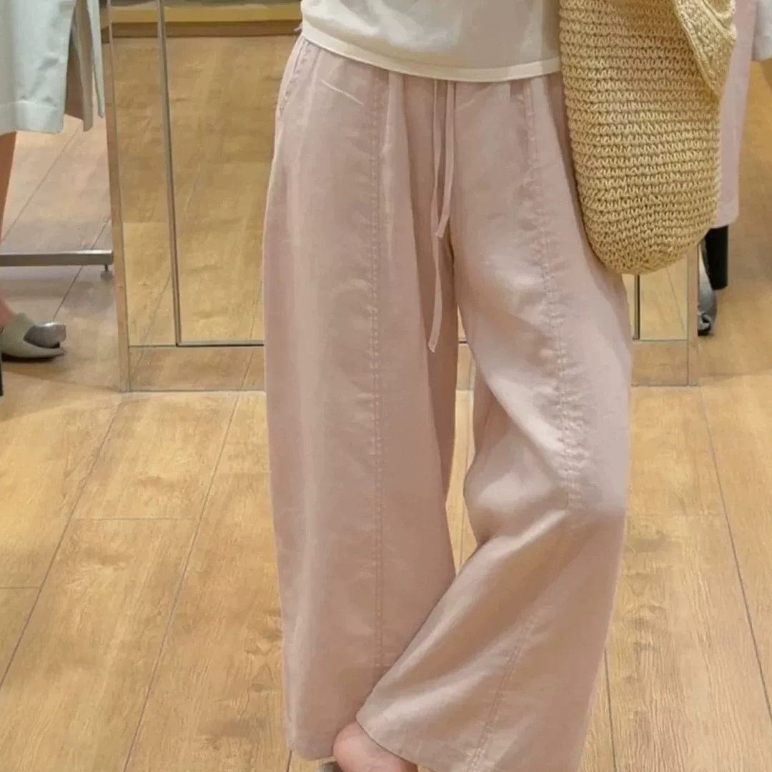巨好看粉色阔腿裤女夏季新款胖MM梨型身材高腰宽松显瘦休闲裤子