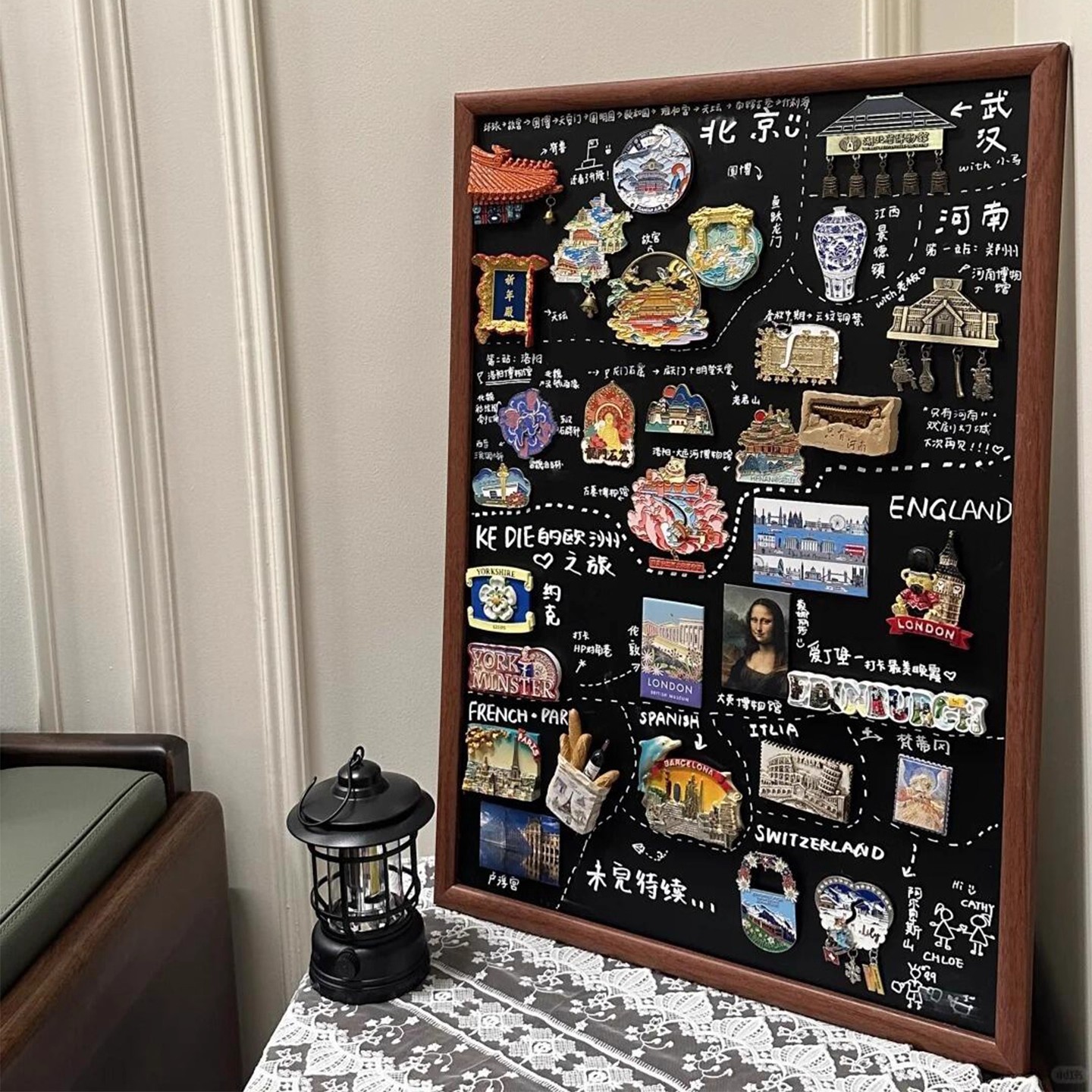 冰箱贴磁吸小黑板创意摆件收纳置物架中国城市冰箱贴展示板照片墙