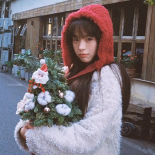 韩系氛围感红色毛绒针织系带帽女冬季新年圣诞保暖护耳巴拉克法帽