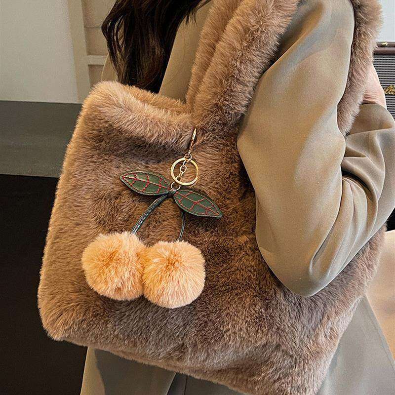 可爱毛绒包包女寒假秋冬毛茸茸樱桃包2025新款单肩手提托特包斜挎