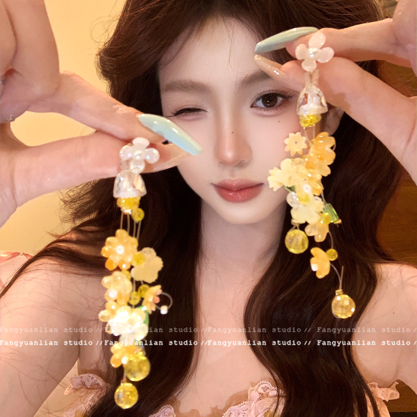 春日花开 黄色甜美花朵流苏耳环女2026春夏新款耳钉长款气质耳饰