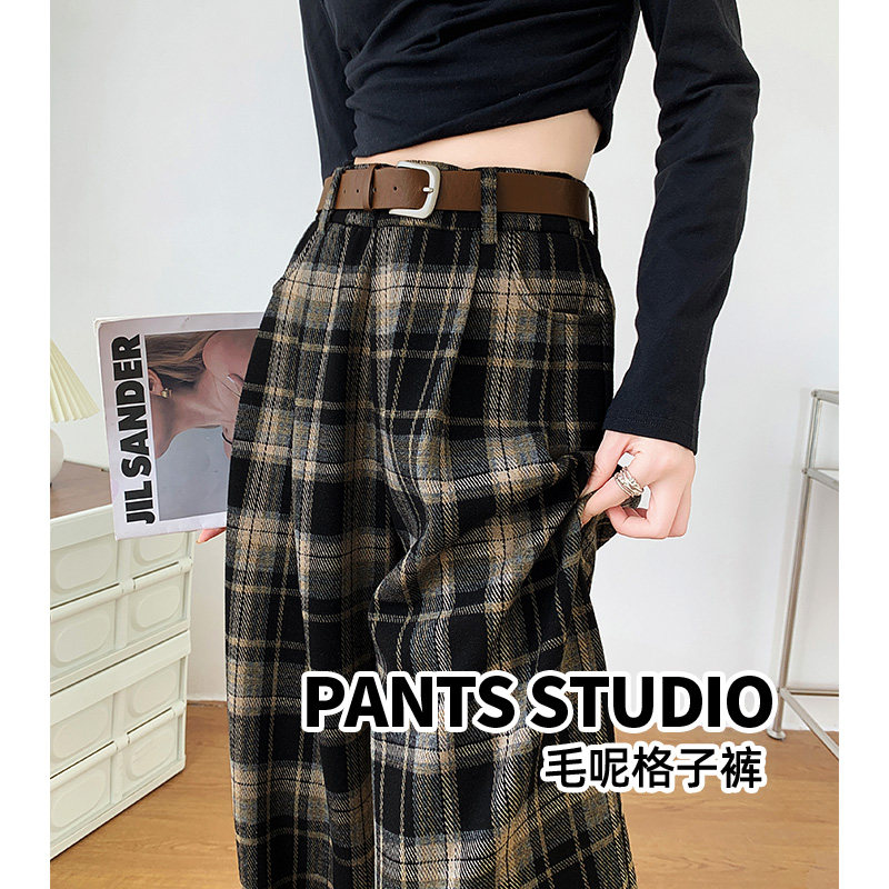 加绒毛呢格子阔腿裤女秋冬2025新款高腰垂感休闲复古窄版直筒裤子