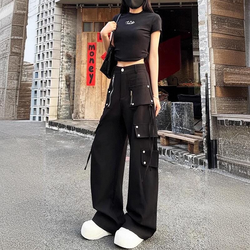 高个子美式多口袋工装裤女春夏直筒裤高腰飘带拖地休闲西装裤裤子