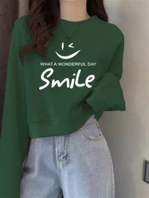 高腰短款墨绿色卫衣女春秋薄款2025年新款加绒加厚小个子笑脸上衣