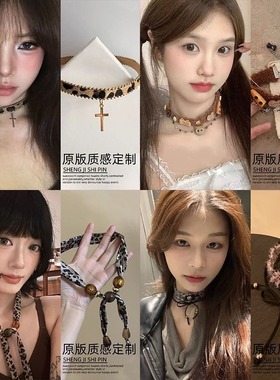 甜酷辣妹十字架豹纹皮项圈choker项链y2k小众亚文化颈圈哥特颈链