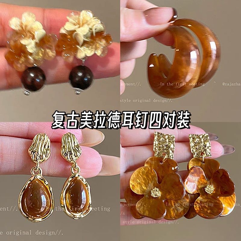复古美拉德晕染花朵耳钉小众气质耳环秋冬超好看独特漂亮耳饰女