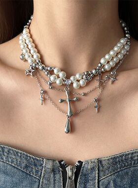 哥特风双层珍珠十字架项链女配饰choker颈链小众设计感高级锁骨链