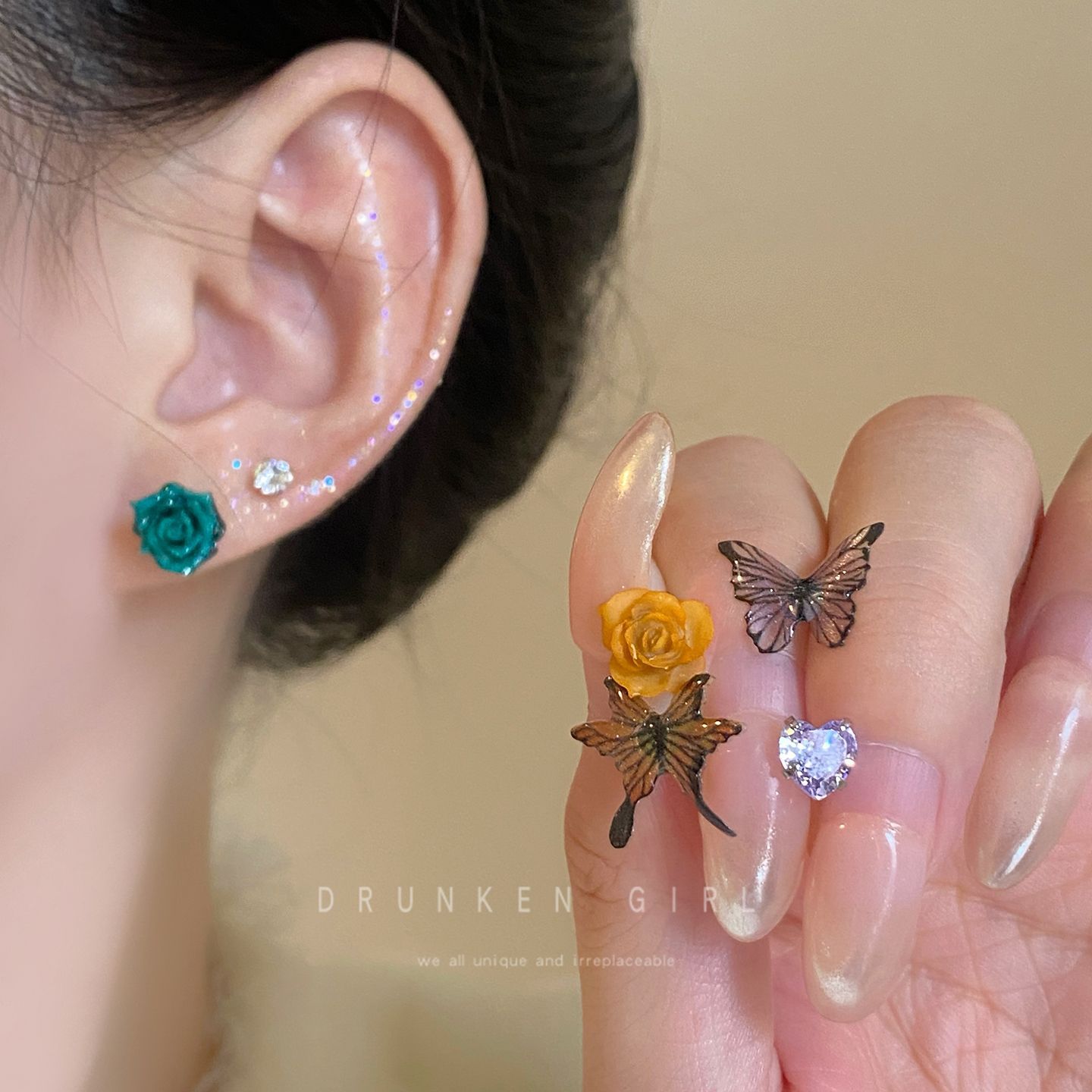 枯叶蝶~蝴蝶爱心花朵耳钉女个性小众设计感耳环精致日常百搭耳饰