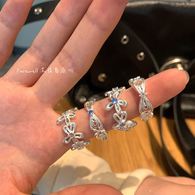 银色花朵戒指女小众设计 蝴蝶结食指戒指女 蝴蝶结开口可调节女戒