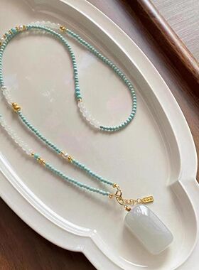 新中式串珠无事牌仿绿松石项链女小众国风高级感万能链长款毛衣链