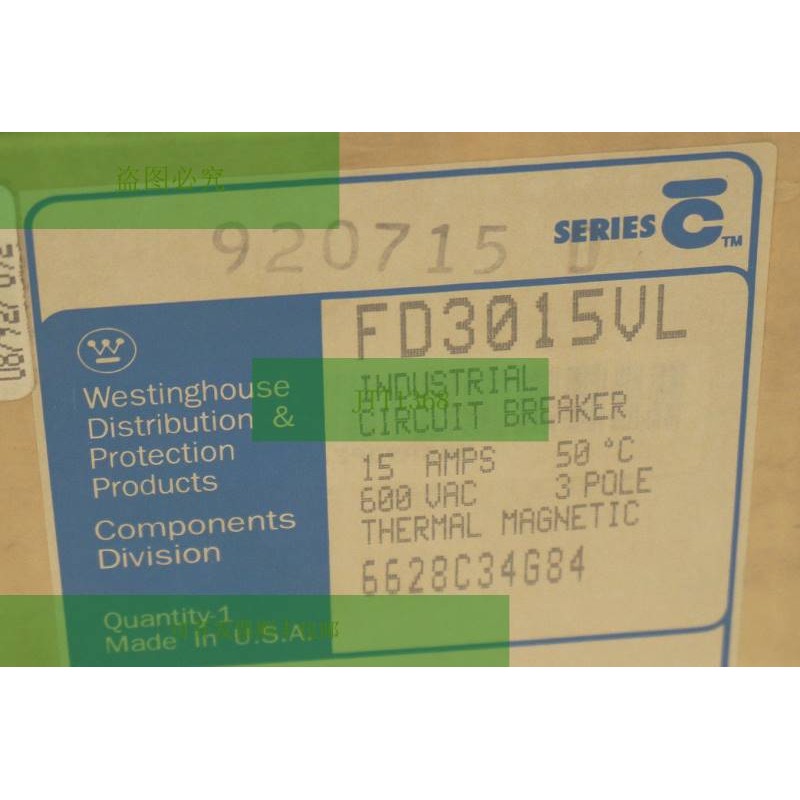 WESTINGHOUSE FD3015VL 断路器系列C，15A，600VAC，3 极 - 实物图