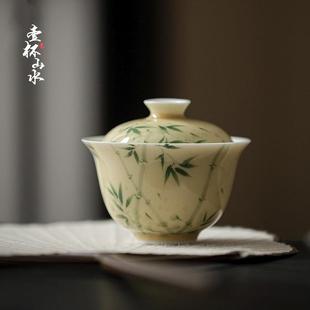 粉彩手绘湘妃竹盖碗泡茶碗女士高档单个文人器家用功夫茶具不烫手
